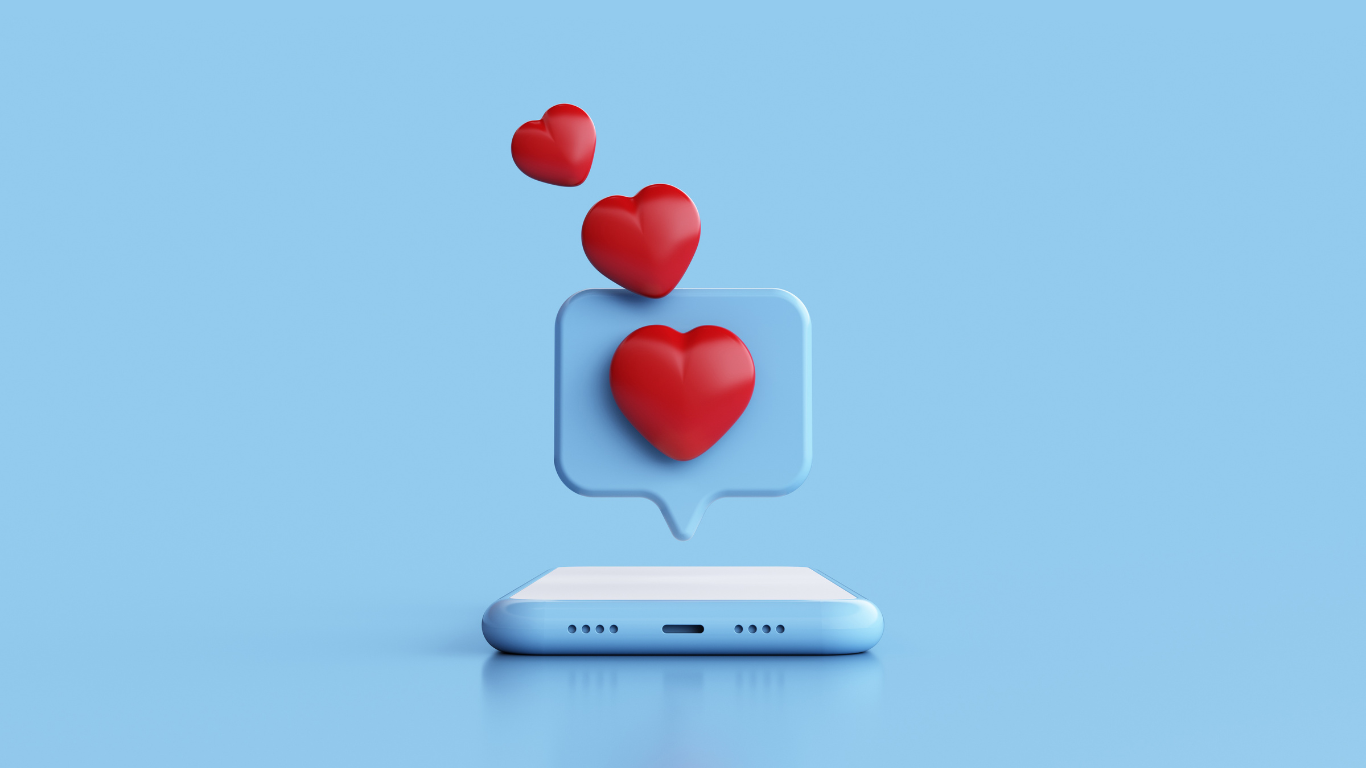 Ein Smartphone mit einer Sprechblase, die drei rote Herz-Icons enthält, die nach oben schweben. Der Hintergrund ist blau.